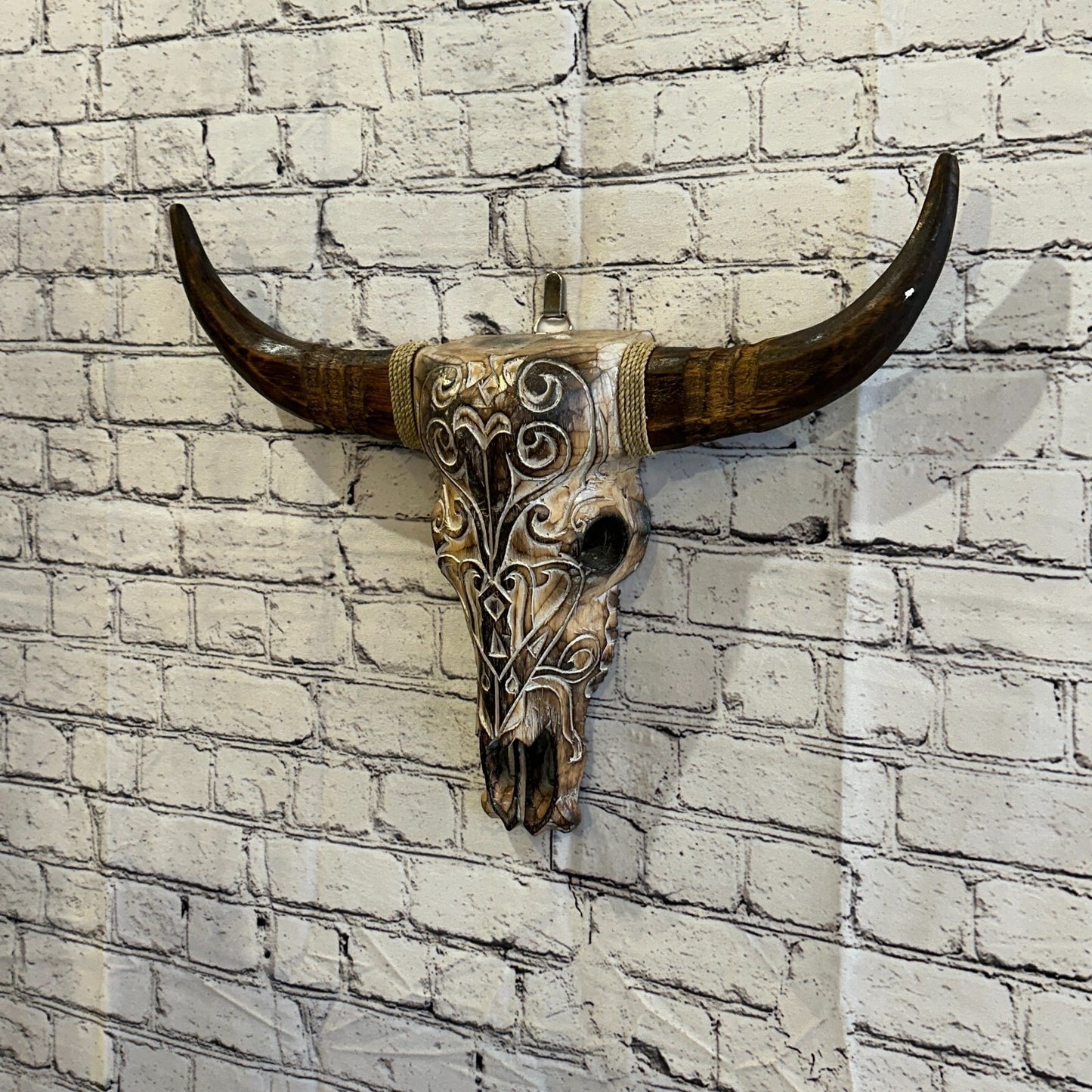 50cm x 40cm Brown Carved Wood Cow Bison Skull Head Wall Mounted Art Large Shabby