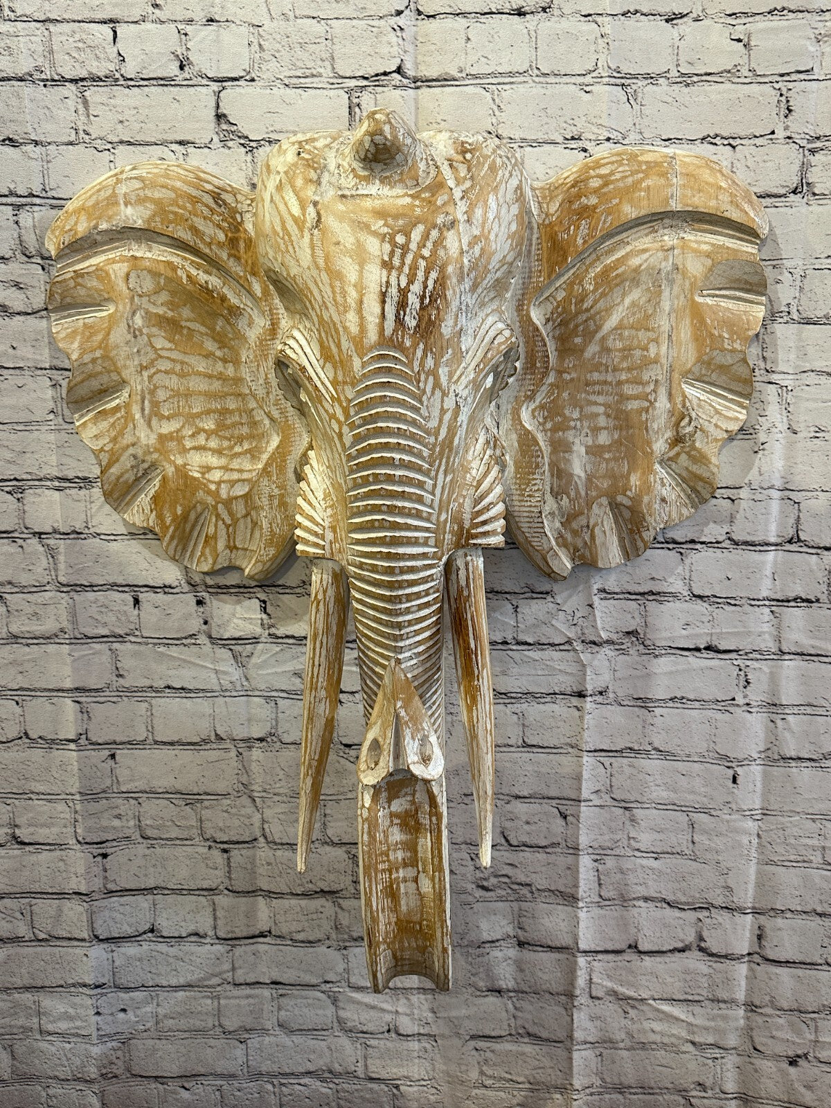 80cm x 60cm Cream White Carved Wood Elephant Head Wall Mounted Art Large Shabby
