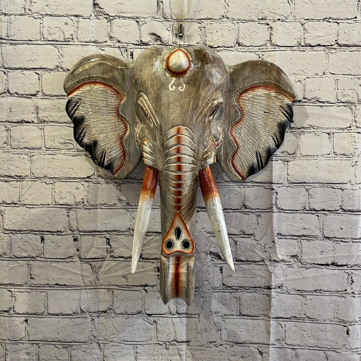 50cm x 45cm Grey Painted Wood Elephant Head Wall Mounted Art Large Shabby