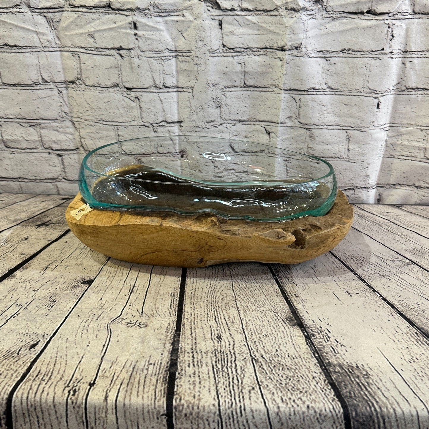 15cm x 40cm Molten Glass Round Bowl Natural Root Wood Base Stand Decor Ornament