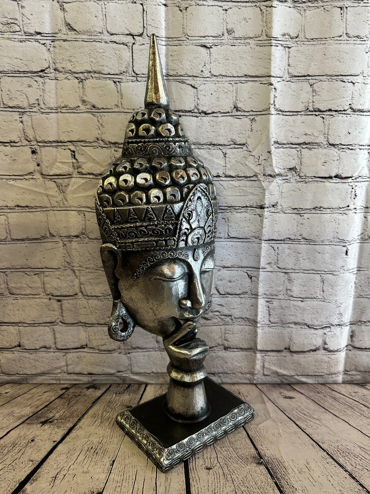 65cm Silver Buddha Head Wooden Standing Statue Figurine Ornament Fair Trade