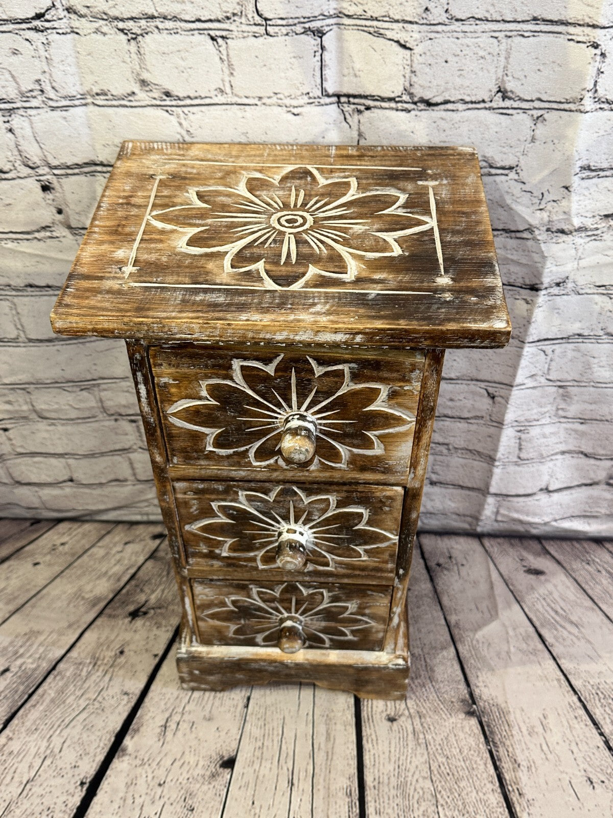 60cm x 25cm Brown 3 Draw Wooden Side Cabinet Living Hallway Storage Furniture