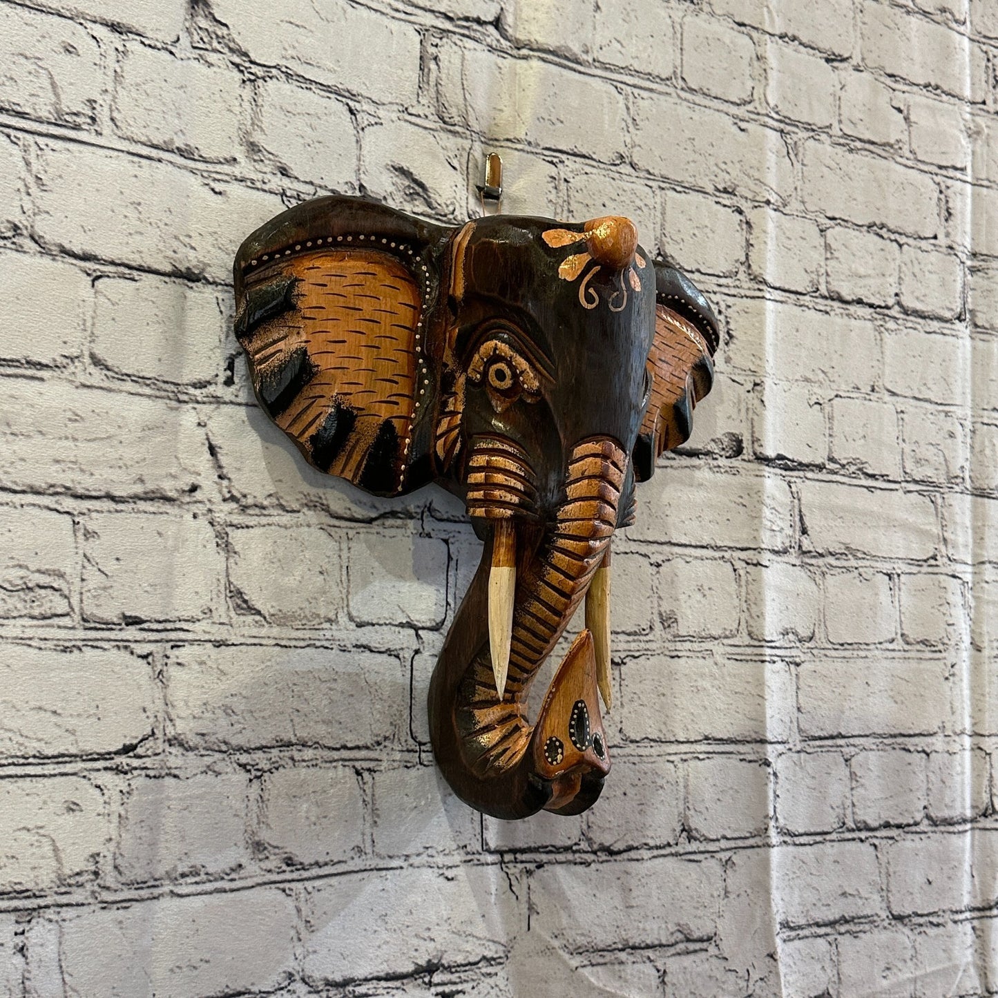 30cm x 30cm Brown Painted Wood Elephant Head Wall Mounted Art Large Shabby