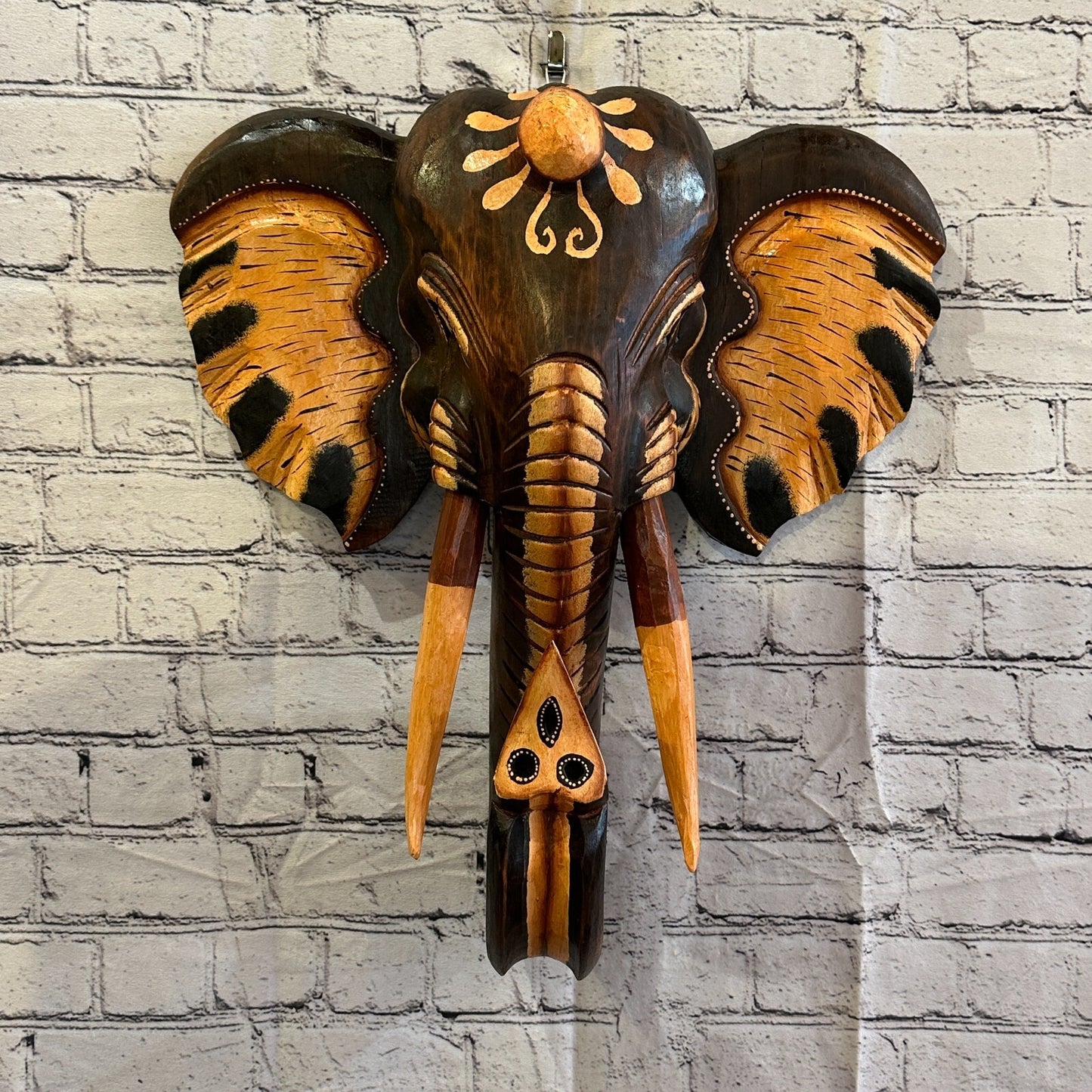 50cm x 45cm Brown Painted Wood Elephant Head Wall Mounted Art Large Shabby