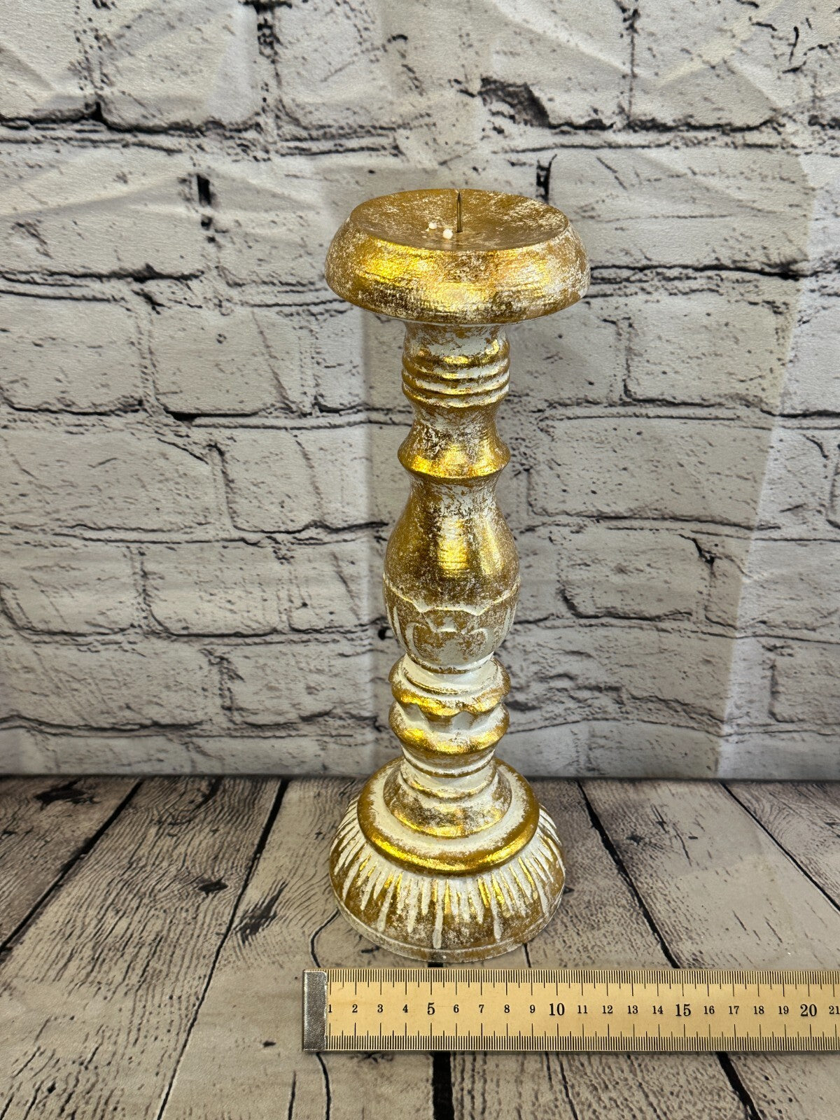 30cm Gold Tall Candlestick Shabby Chic Distressed Solid Column Candle Holder