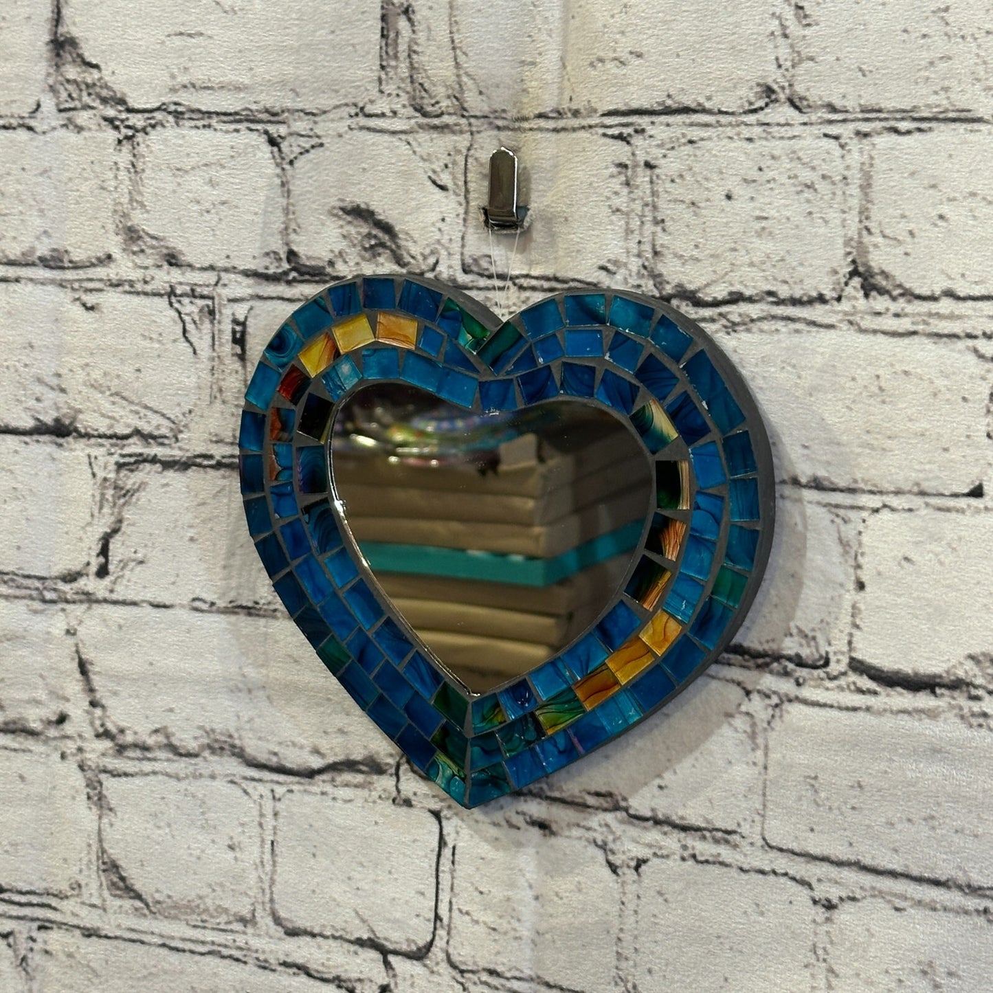 Blue Heart Shape Mosaic Tile Wall Mirror 20cm x 15cm 8 Inches Handmade New