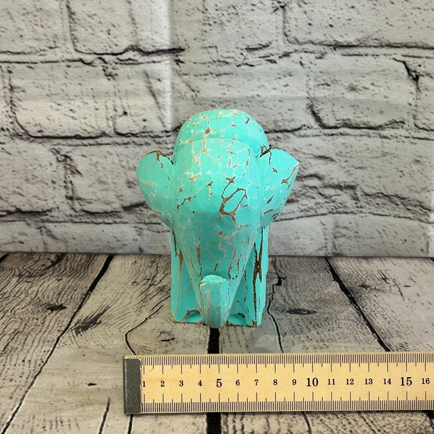Green Wooden Elephant With Shabby Pattern 12cm x 12cm Handmade and Fairtrade
