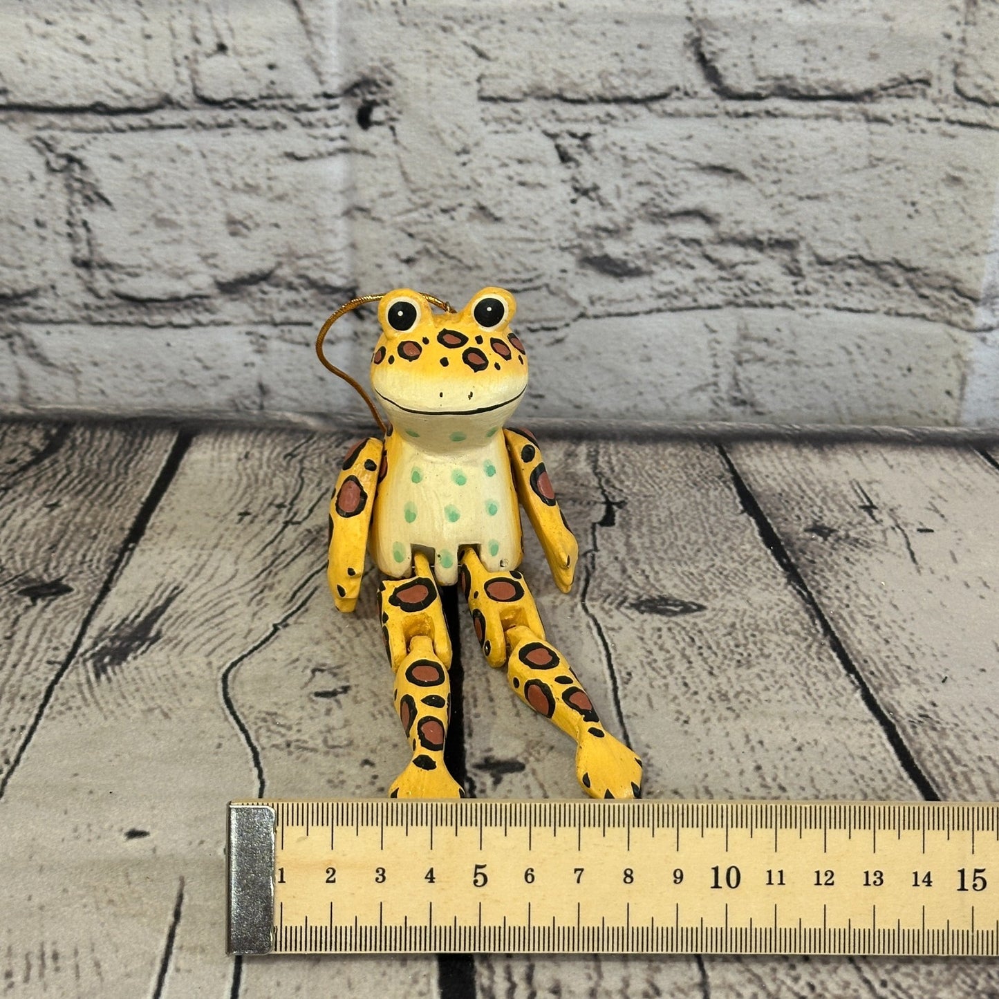 10cm Yellow Frog Sitting Animal, Wooden Shelf Ornament Handmade and Fairtrade