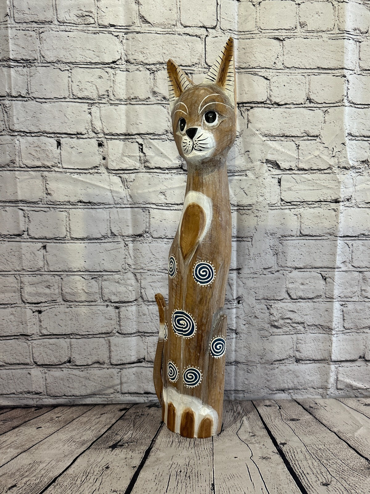 60cm Light Brown Flower Wooden Shabby Cat Statue Ornament Fair Trade Handcarved