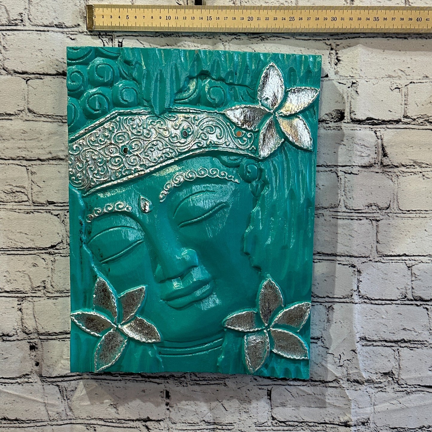 Wooden Wood Panel 40cm Brown Teal Buddha Hibiscus Wall Art Plaque Handcarved