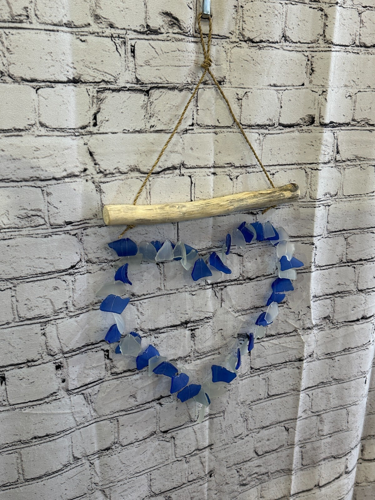35cm x 25cm Blue Heart Recycled Glass Driftwood Handmade Garden Home Mobile