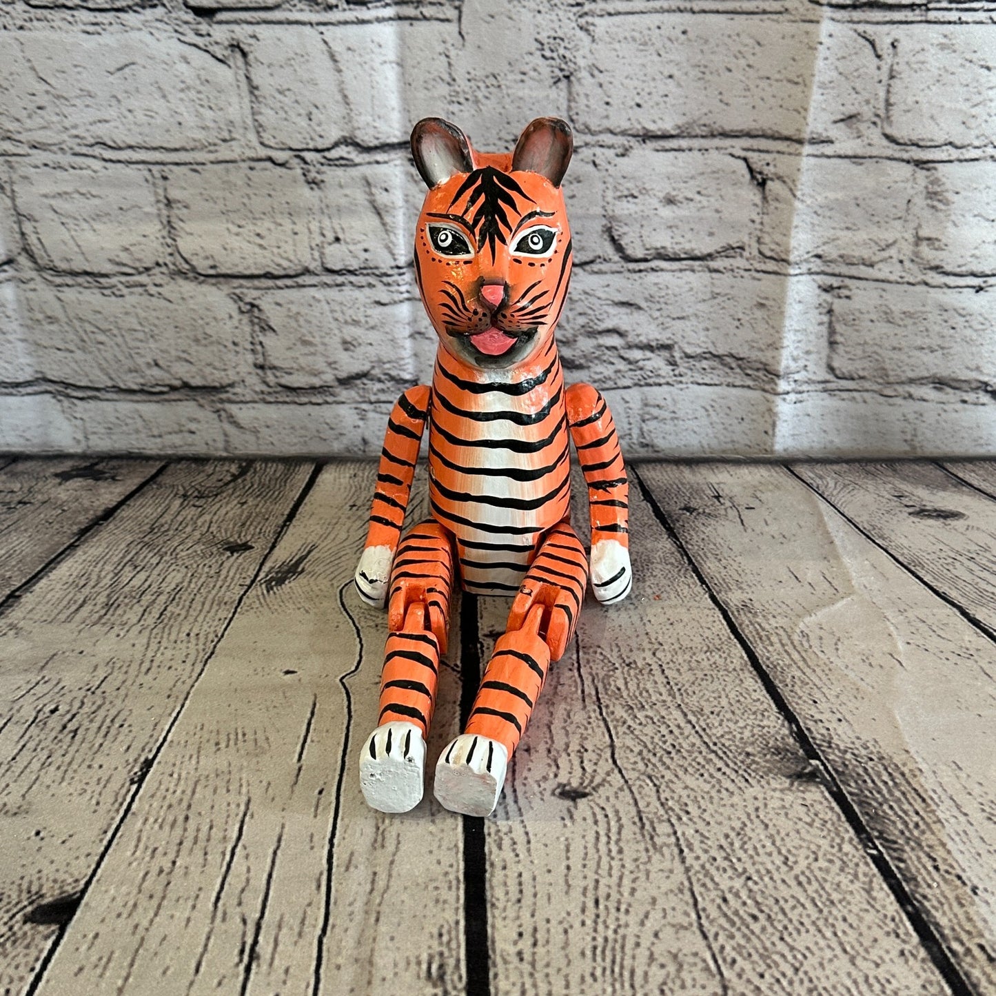 20cm Orange Tiger Sitting Animal, Wooden Shelf Ornament Handmade & Fairtrade