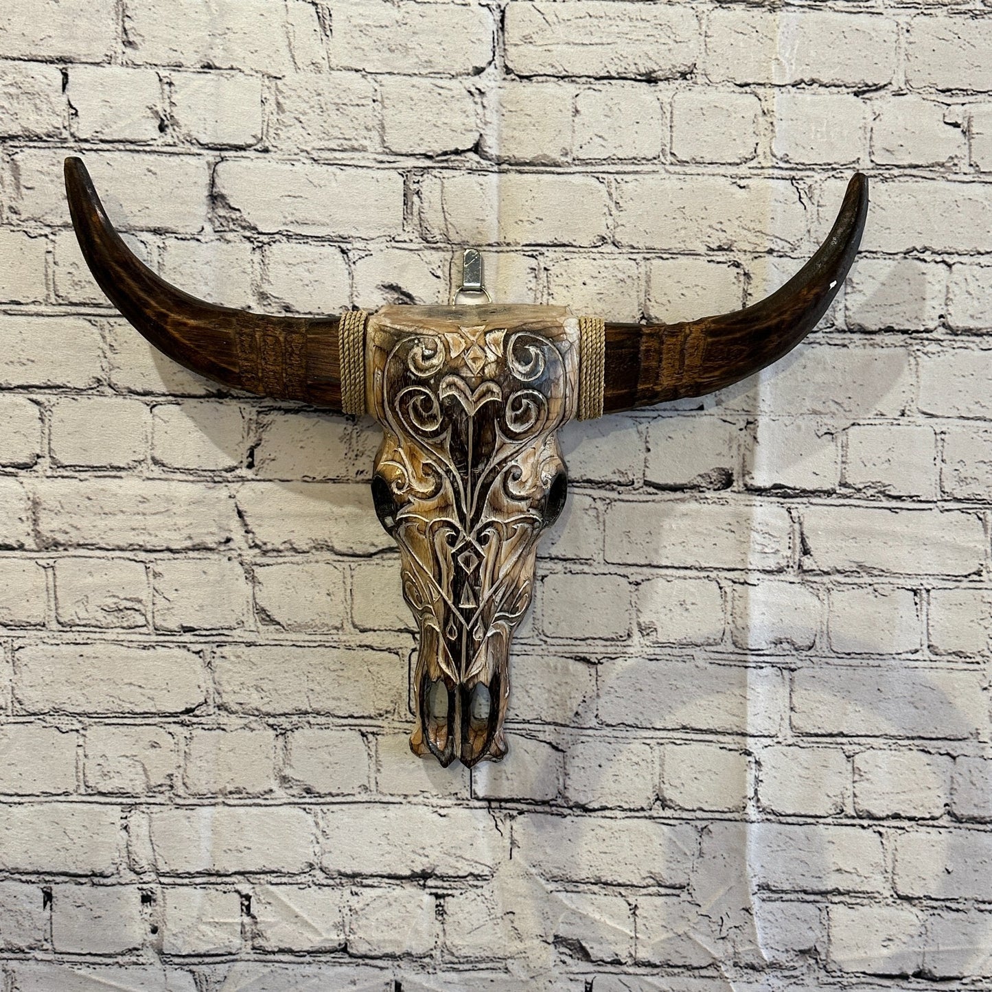 50cm x 40cm Brown Carved Wood Cow Bison Skull Head Wall Mounted Art Large Shabby
