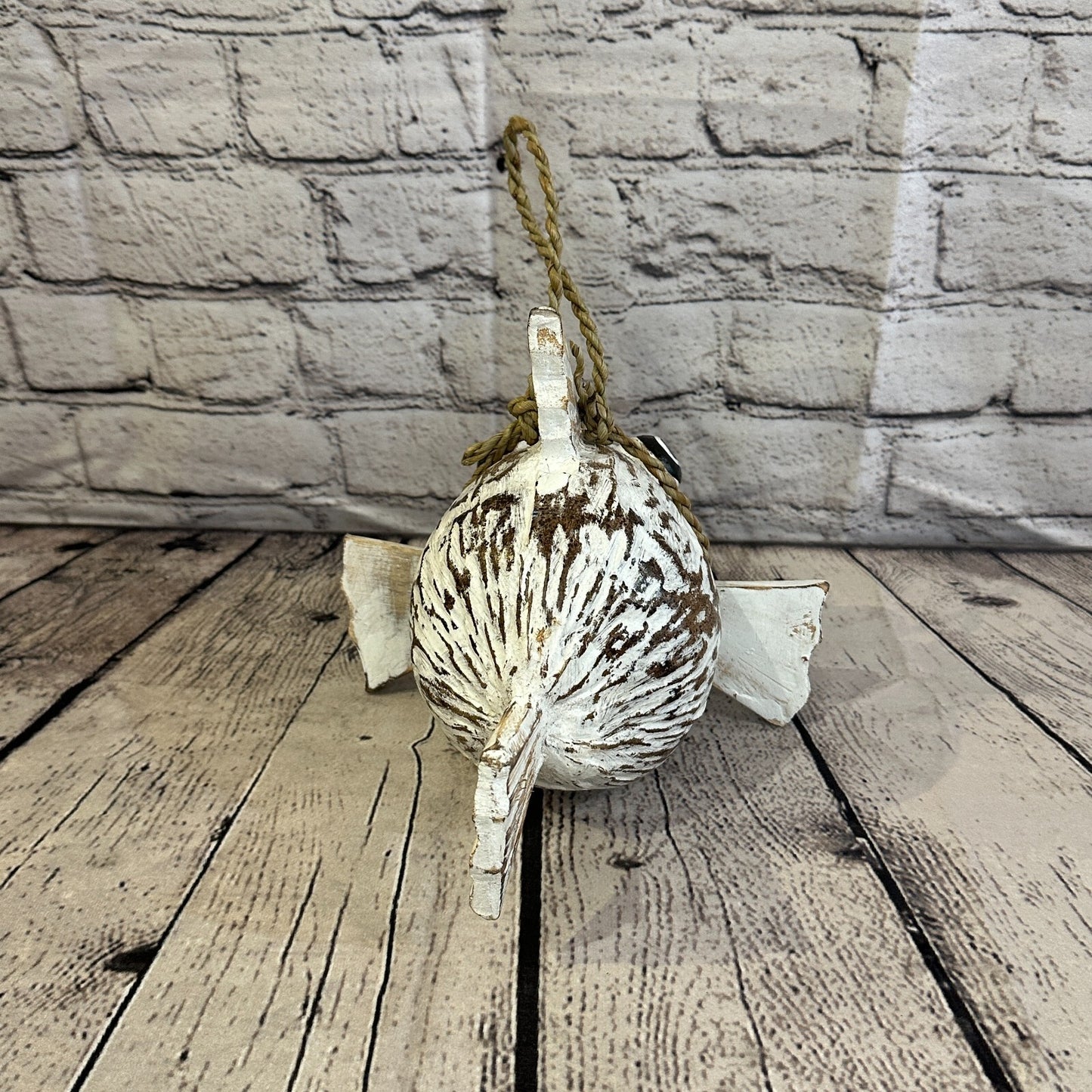 Plain White Folk Art Hand Painted Puffer Fish Coconut Shell Ornaments Hanging