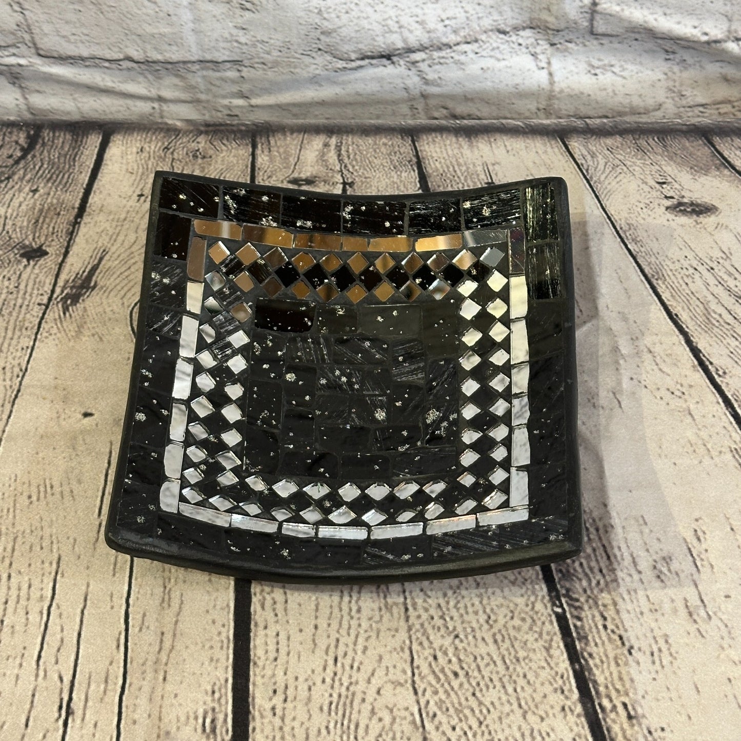 20cm Black Square Mosaic Handmade Ceramic Glass Tile Bowl Fruit