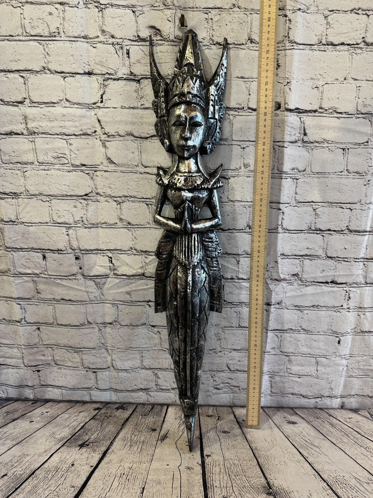 Silver Antique Colour Sita Dewi Bali Rice Goddess Wings Mermaid Wood 80cm Pair