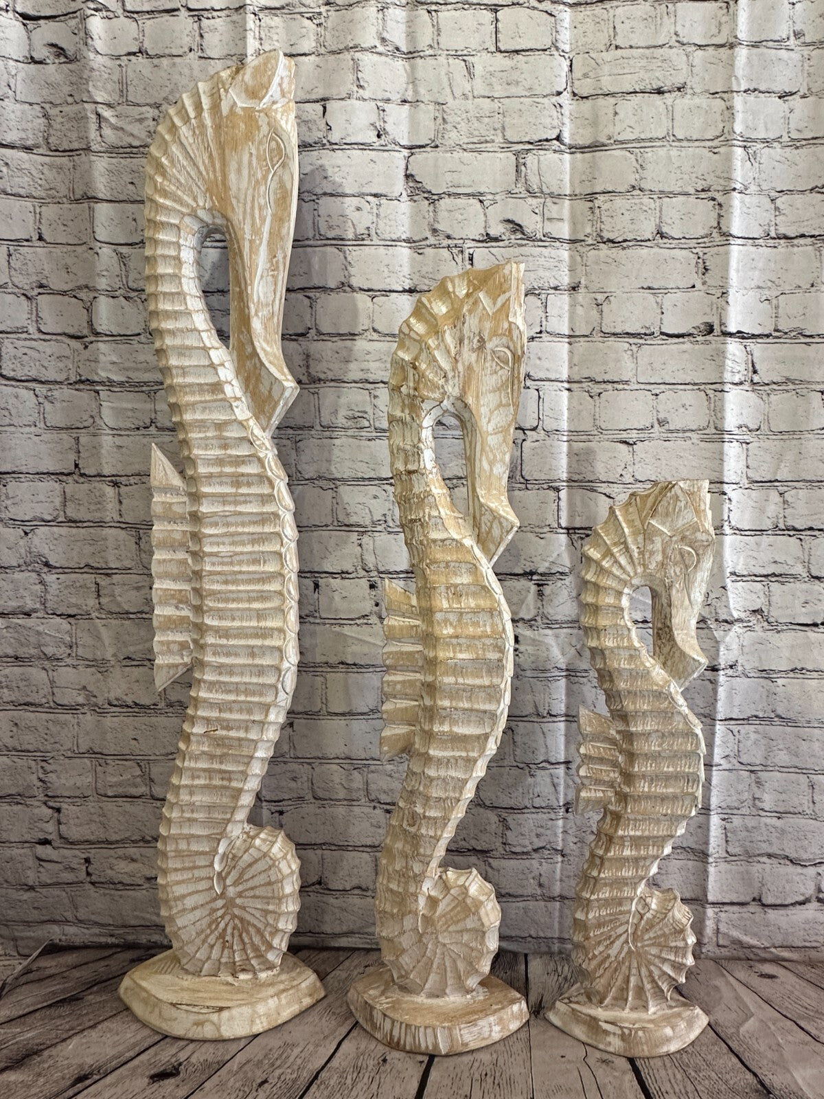 80cm White Plain Wooden Shabby Seahorse Statue Ornament Fair Trade Handcarved