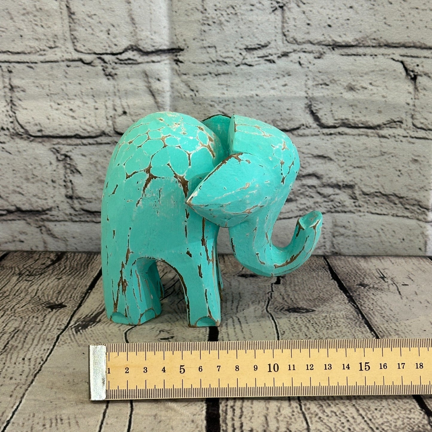 Green Wooden Elephant With Shabby Pattern 12cm x 12cm Handmade and Fairtrade
