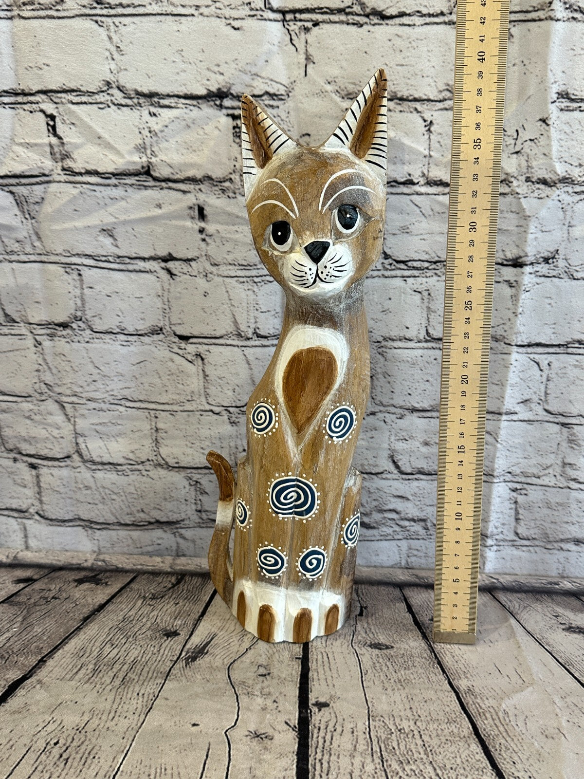 40cm Light Brown Flower Wooden Shabby Cat Statue Ornament Fair Trade Handcarved