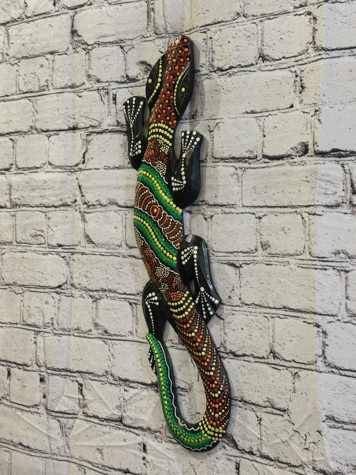 50cm Gecko Carved Wooden Dot Painted Ethnic Tribal Tiki Wall Handmade No 3