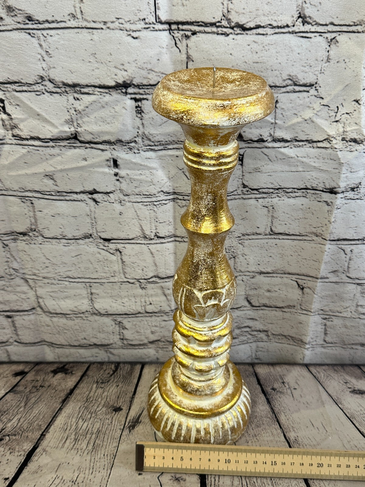 40cm Gold Tall Candlestick Shabby Chic Distressed Solid Column Candle Holder