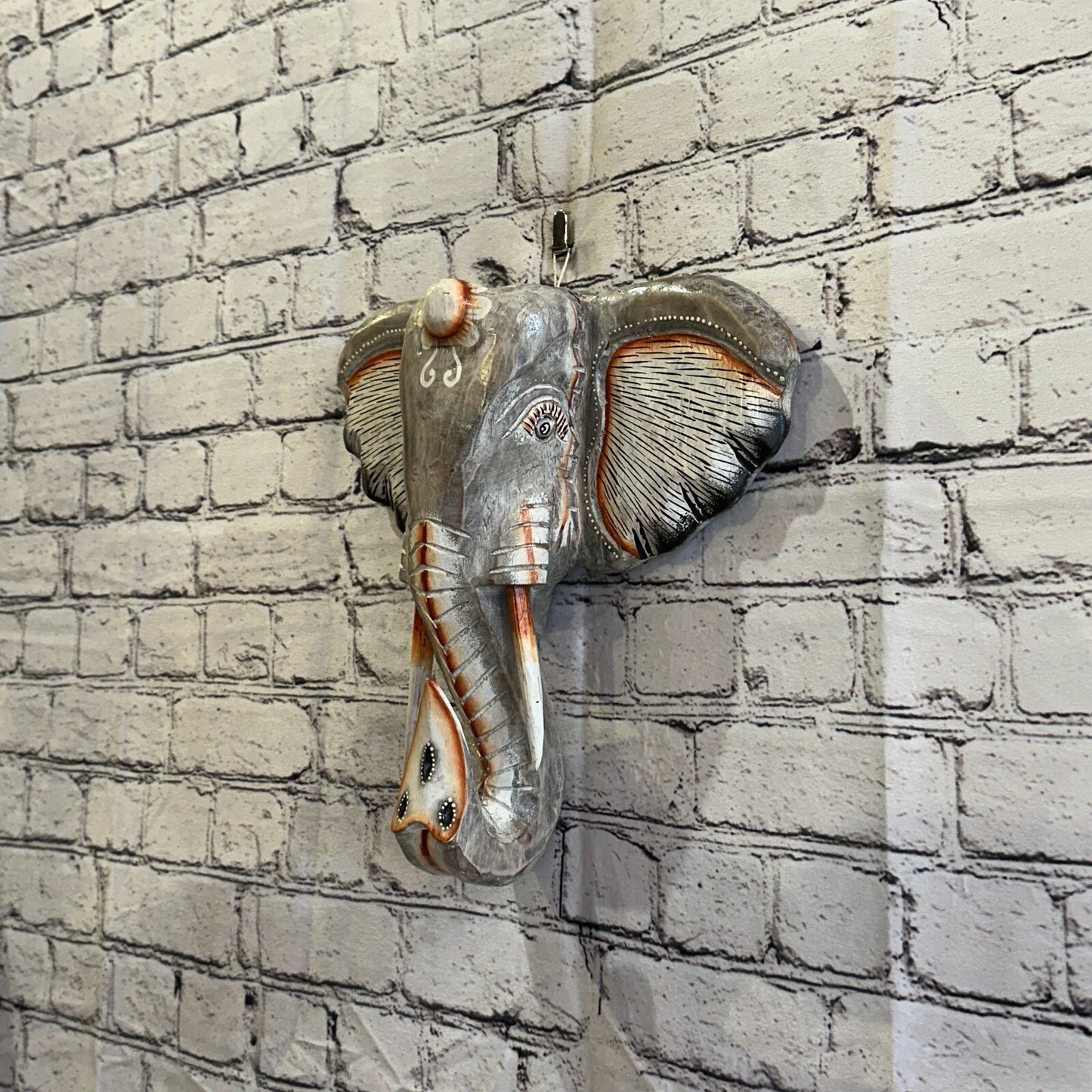 30cm x 30cm Grey Painted Wood Elephant Head Wall Mounted Art Large Shabby