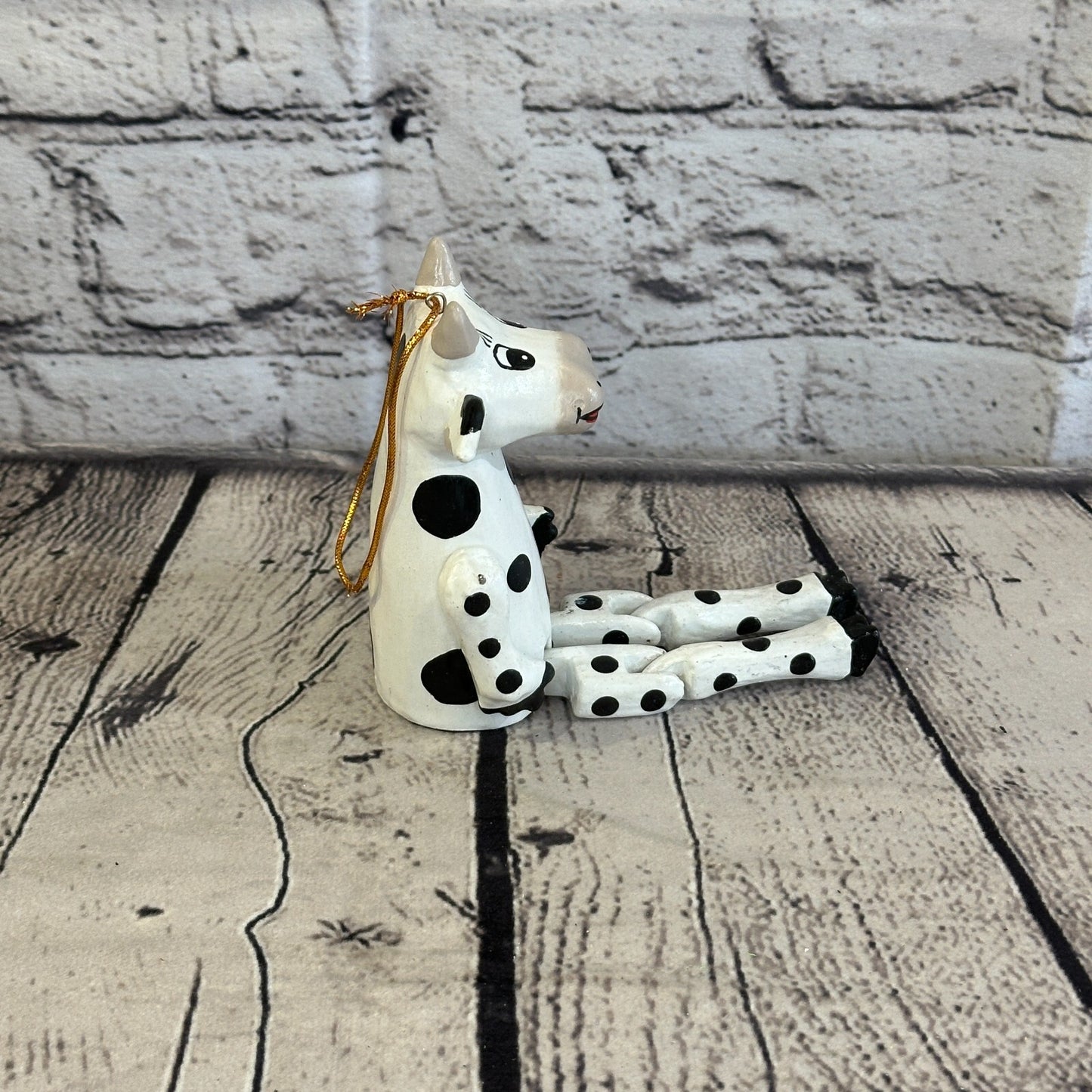 10cm Spotty Cow Sitting Animal, Wooden Shelf Ornament Handmade and Fairtrade