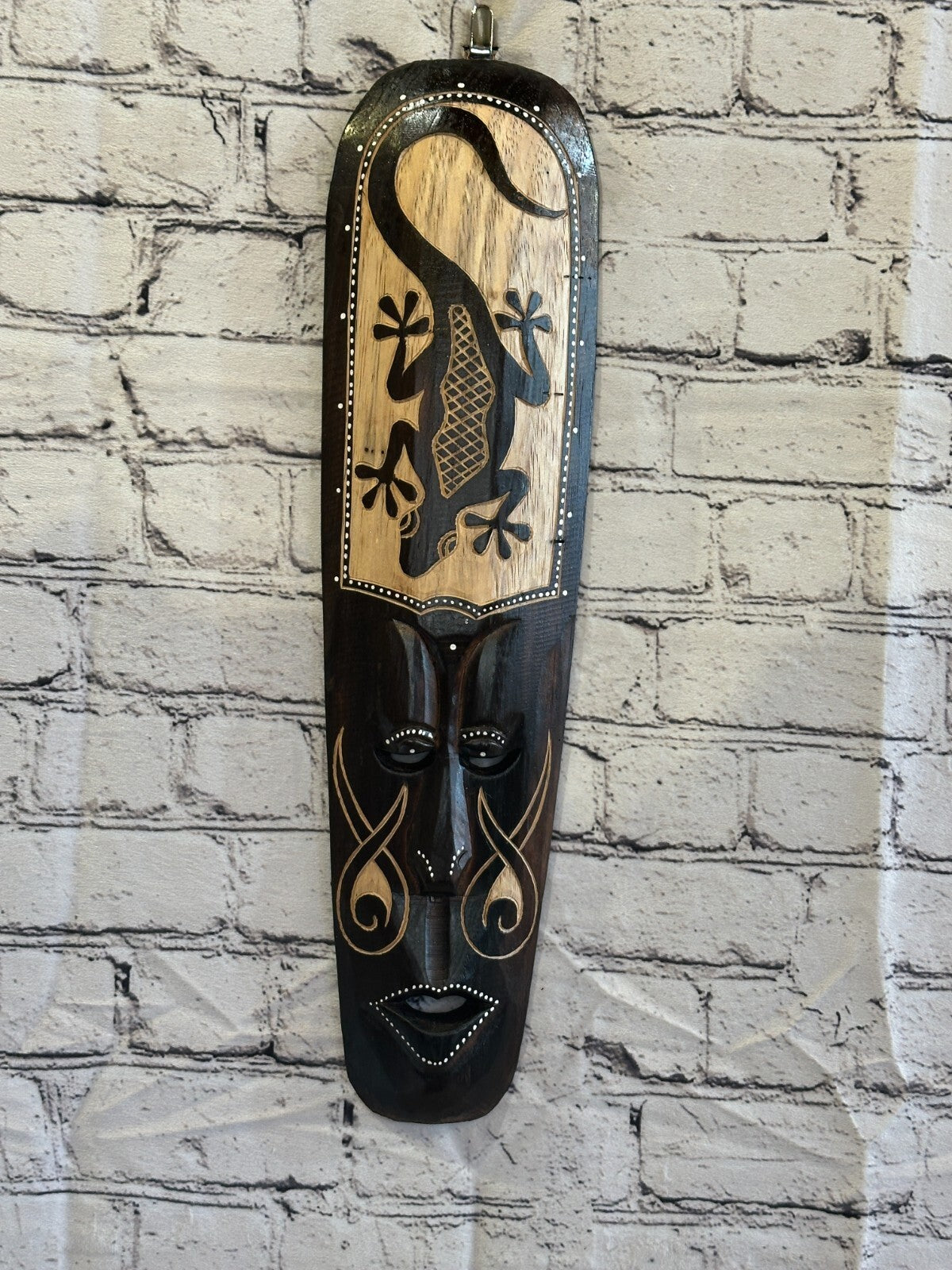 50cm Gecko Mask Carved Wooden Brown Work Painted Ethnic Tribal Tiki Wall Art