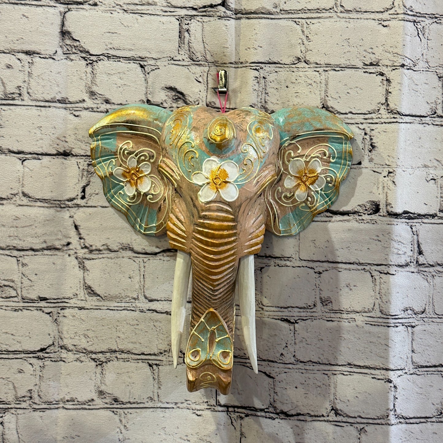 30cm x 30cm Green Flower Painted Wood Elephant Head Wall Mounted Art Shabby