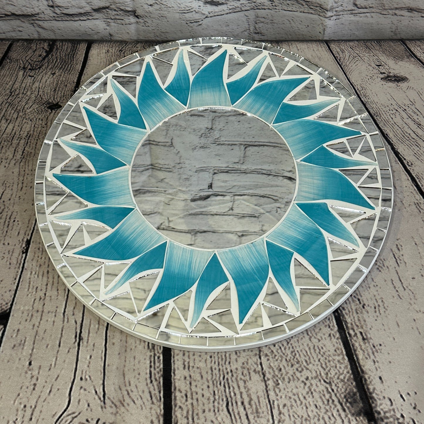 Turquoise Blue Flame Sun Mosaic Tile Wall Mirror 30cm x 30cm 12 Inches Handmade