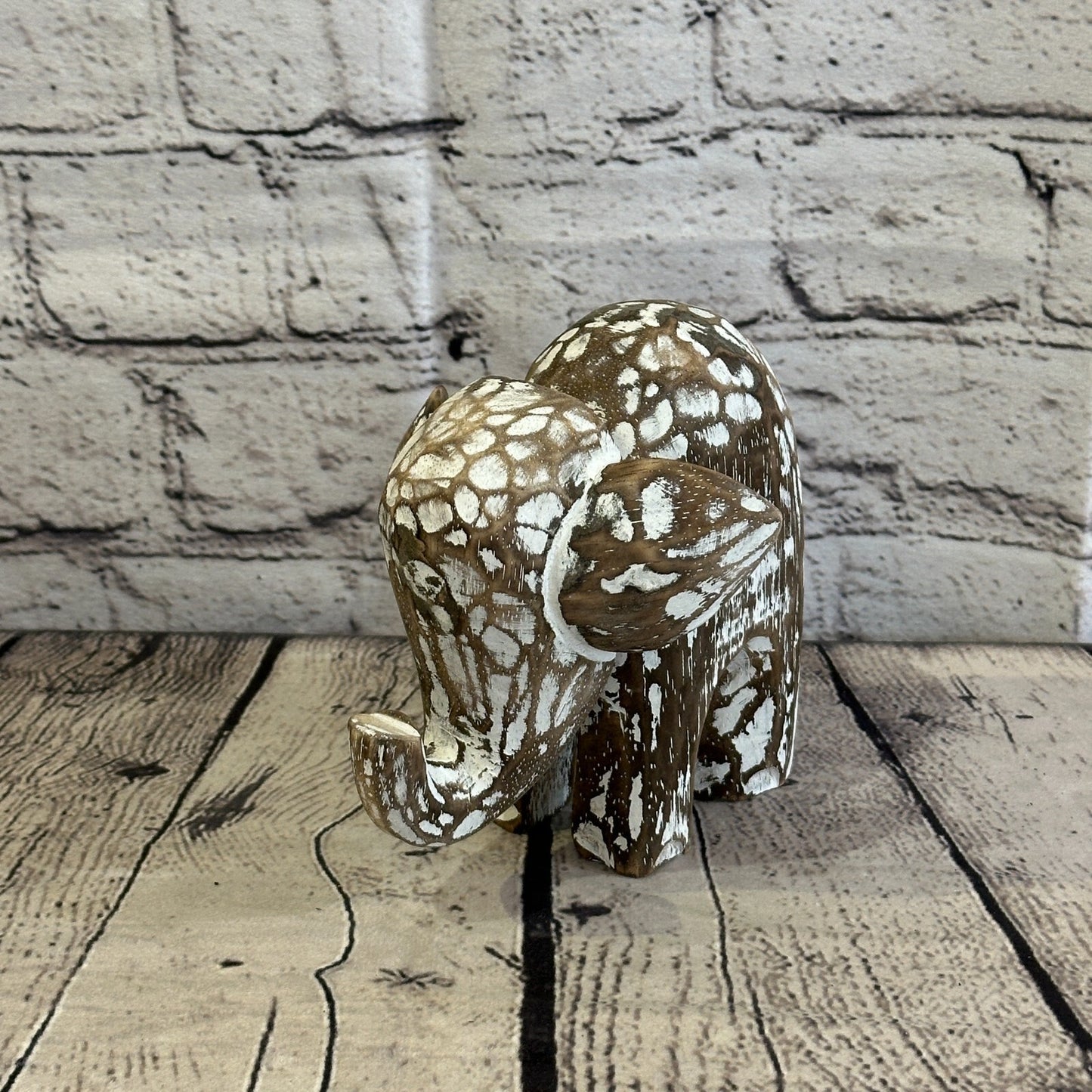 Brown Wooden Elephant With Shabby Pattern 12cm x 12cm Handmade and Fairtrade