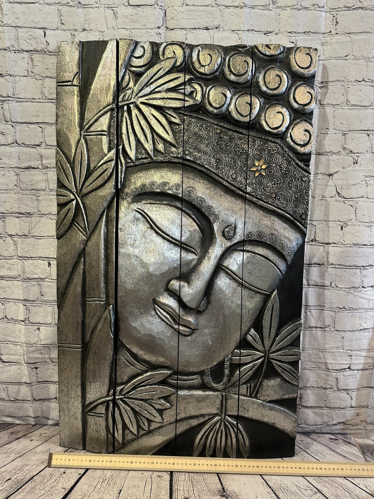 100cm x 60cm Buddha Silver Panel Wooden Wood Panel Wall Art Plaque Handcarved