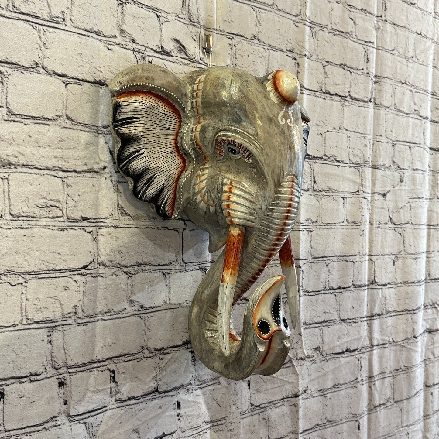 45cm x 35cm Grey Painted Wood Elephant Head Wall Mounted Art Large Shabby