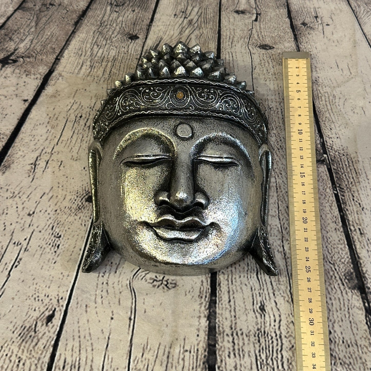 25cm Silver Buddha Head Mask Wooden Hanging Statue Figurine Ornament Fair Trade