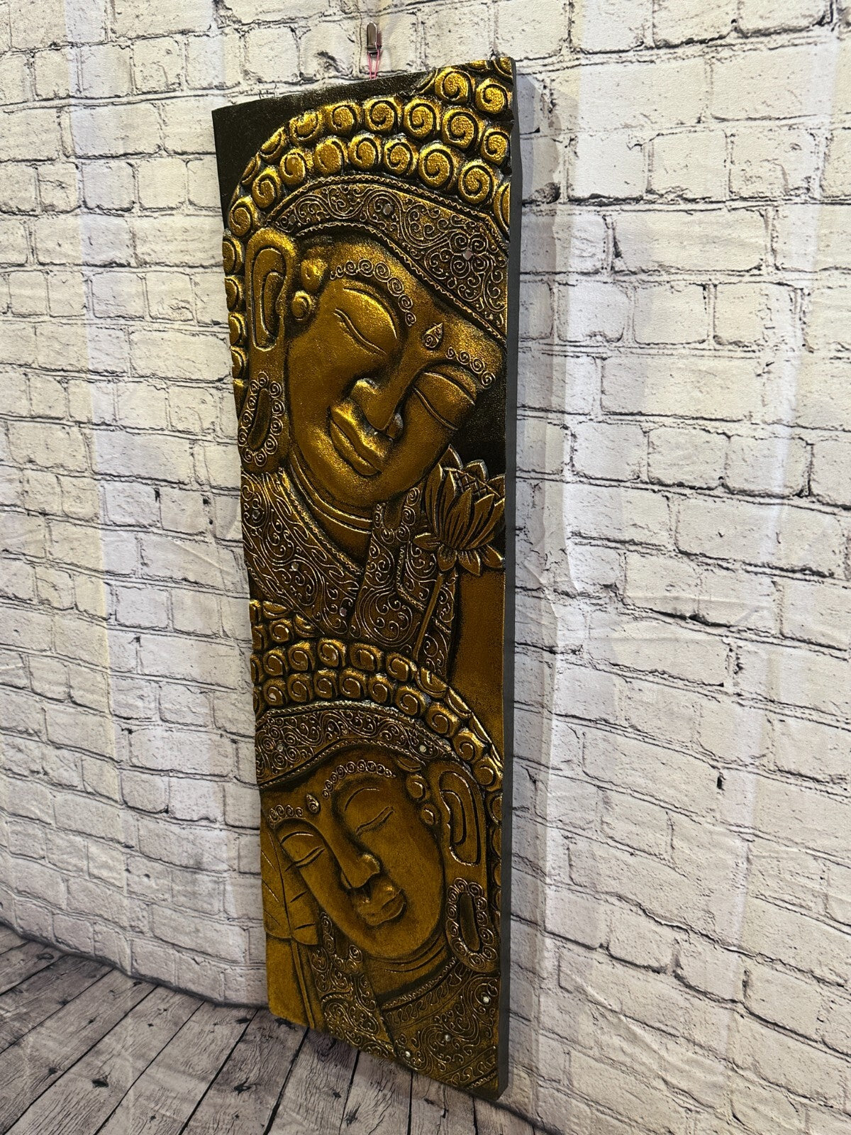 100cm x 30cm Tall Buddha 2 Faces Gold Wooden Wood Panel Wall Art Plaque