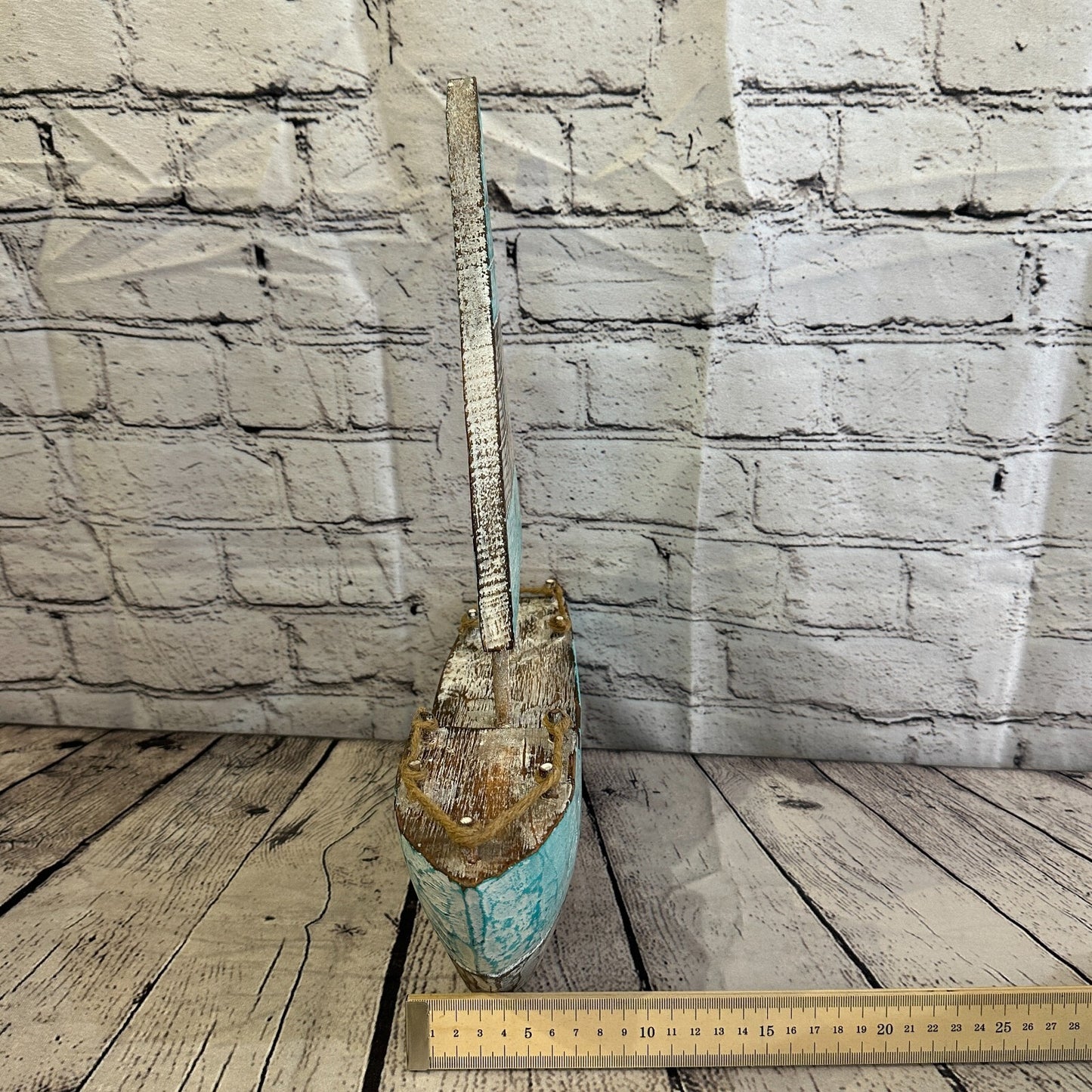 40cm Rustic Wooden Brown & Green Sailing Boat Nautical Ornament Sculpture Decor