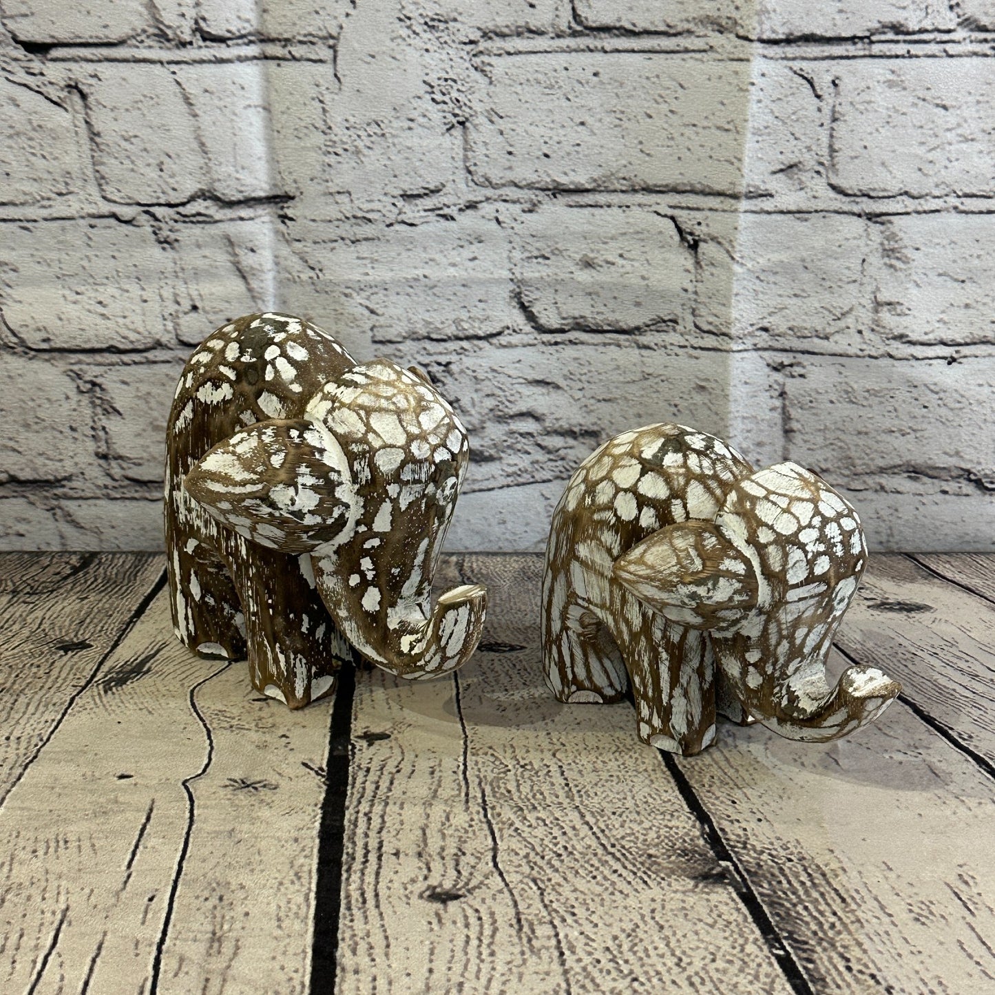 Brown Wooden Elephant With Shabby Pattern 12cm x 12cm Handmade and Fairtrade