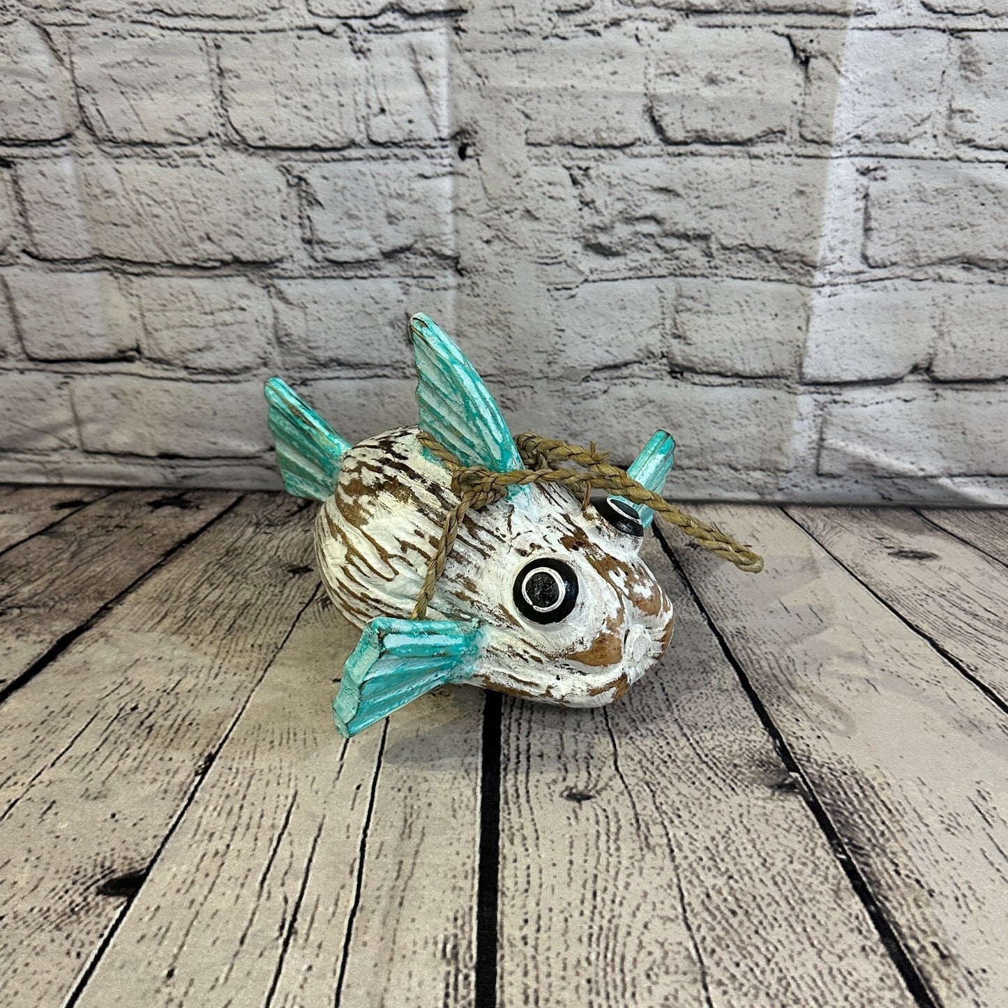 Green White Folk Art Hand Painted Puffer Fish Coconut Shell Ornaments Hanging