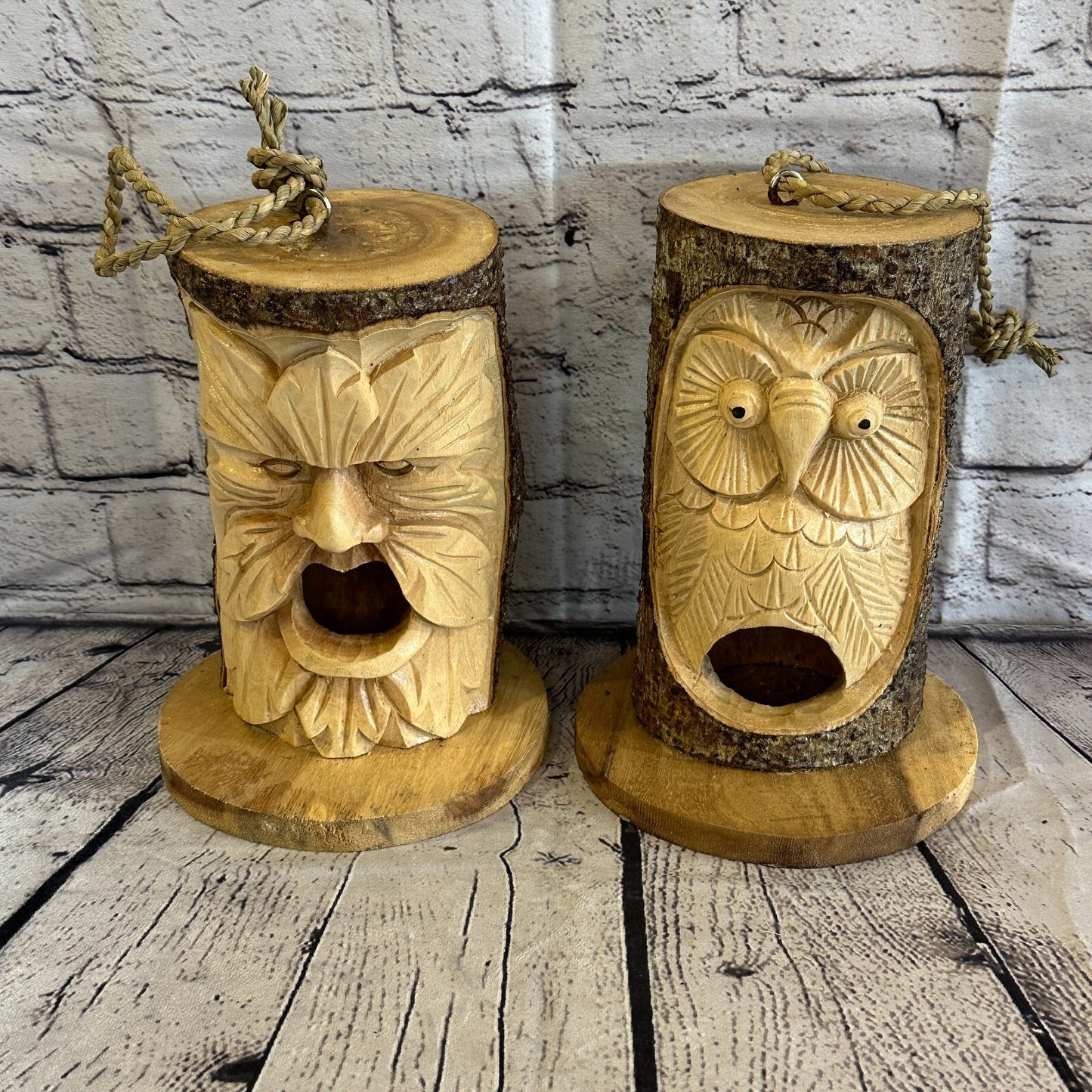 Bird House Green Man Of The Woods 25cm Hand Carved Tree Trunk Wood Fairtrade