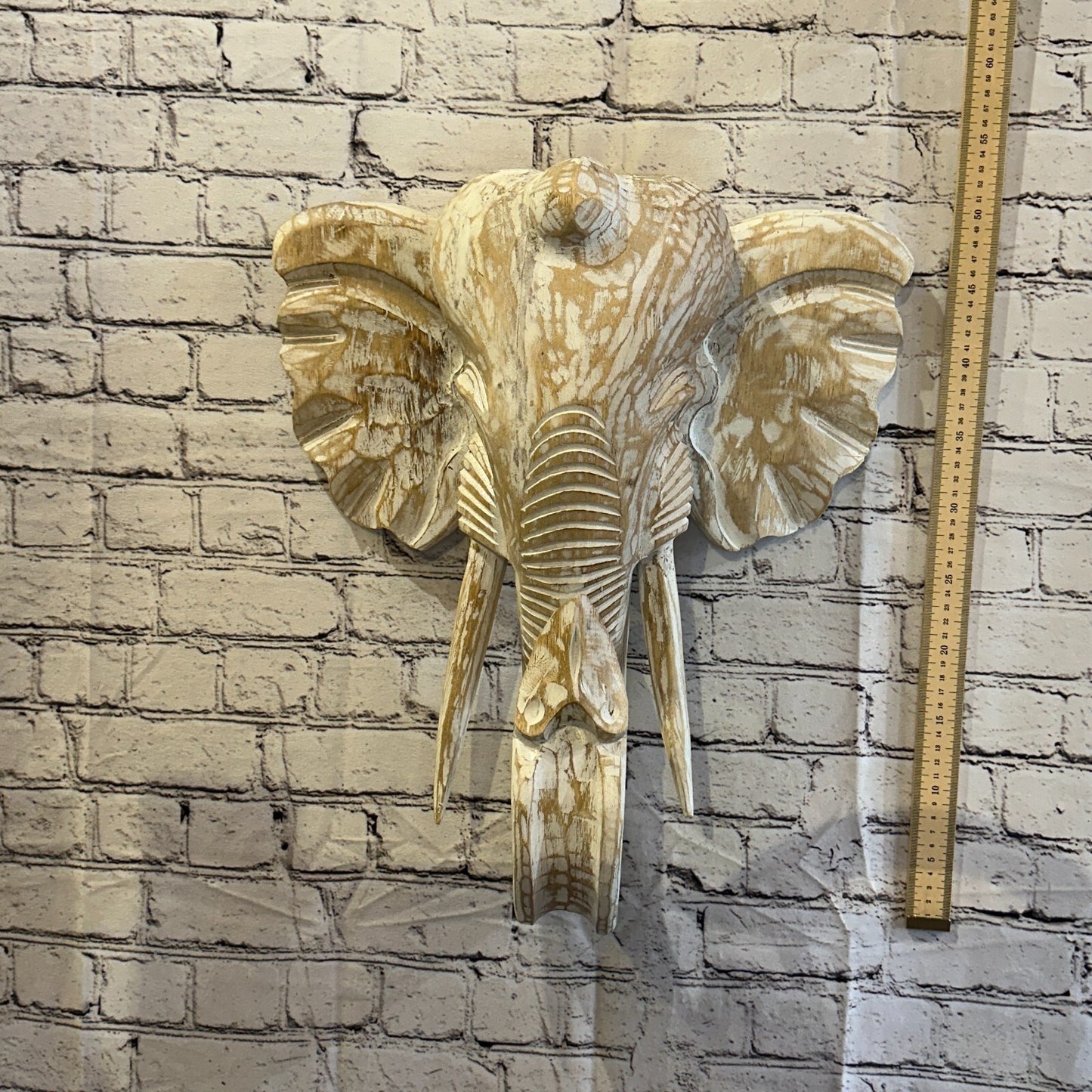 50cm x 40cm Cream White Carved Wood Elephant Head Wall Mounted Art Large Shabby