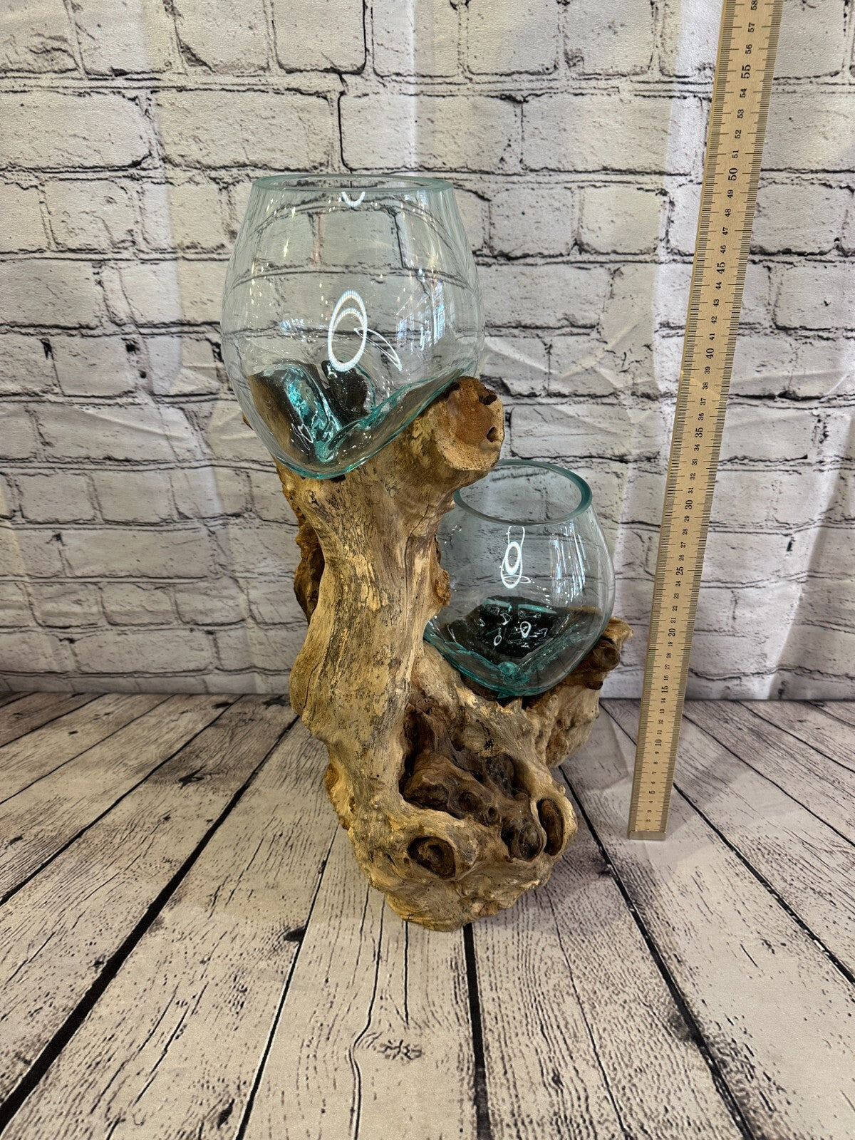 50cm Double Molten Glass Round Bowl Natural Root Wood Base Stand Decor Ornament