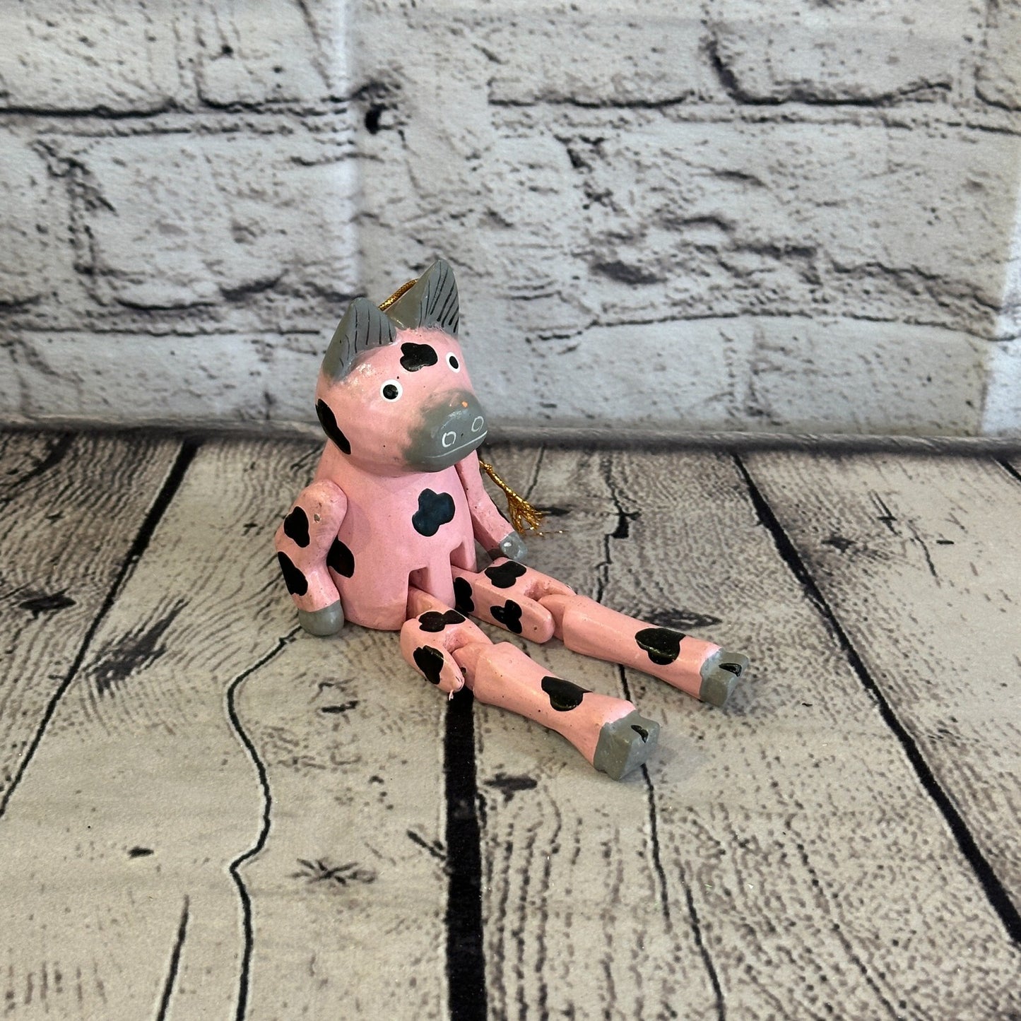 10cm Pink Pig Sitting Animal, Wooden Shelf Ornament Handmade and Fairtrade
