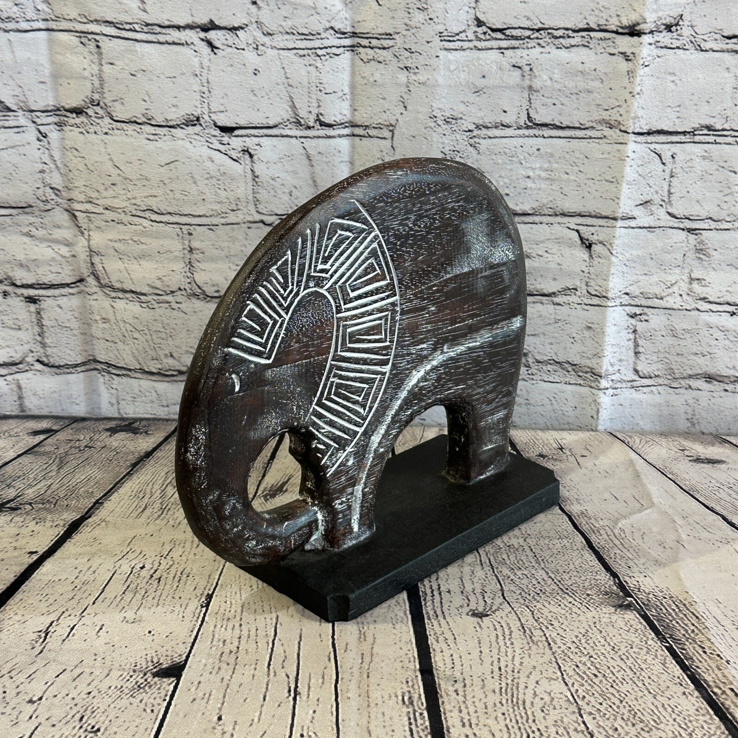 25cm x 25cm Wooden Tribal Primitive Black Elephant Round Stand Sculpture Statue