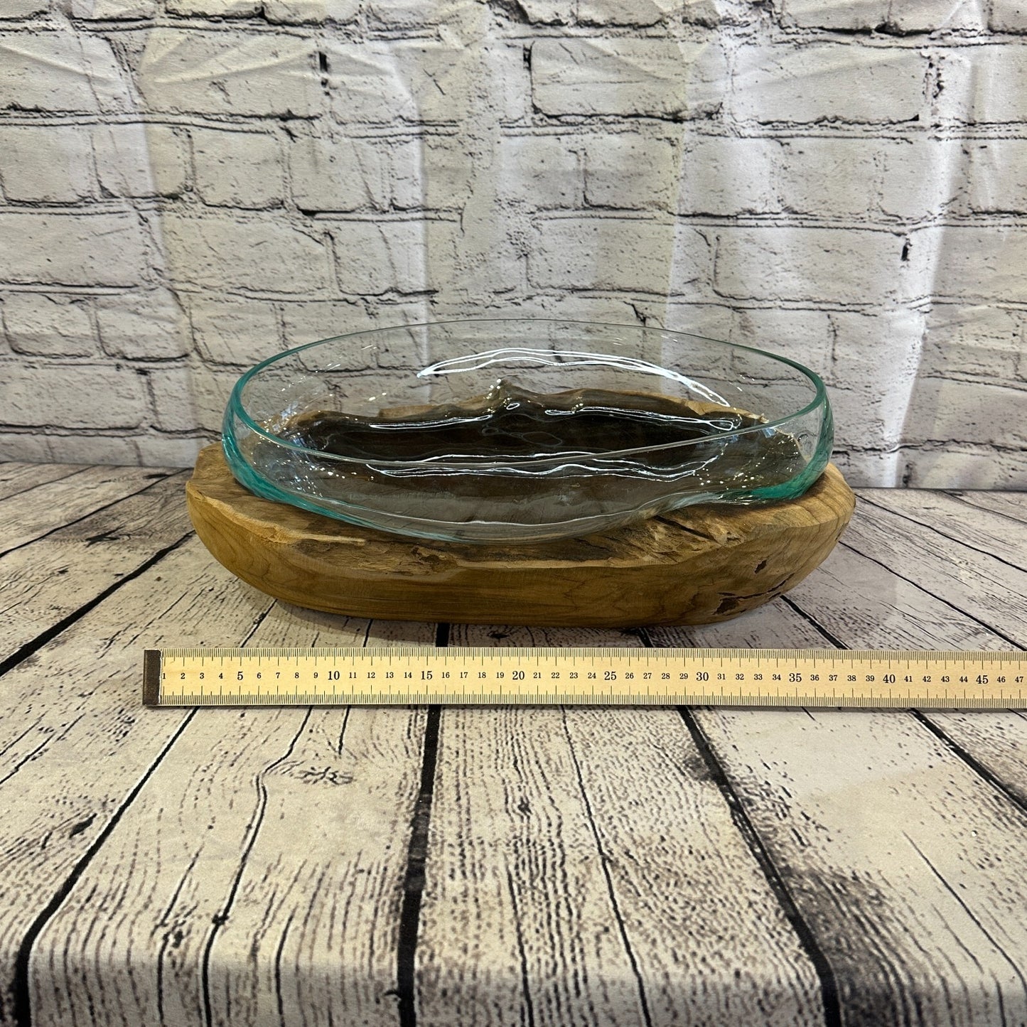 15cm x 40cm Molten Glass Round Bowl Natural Root Wood Base Stand Decor Ornament
