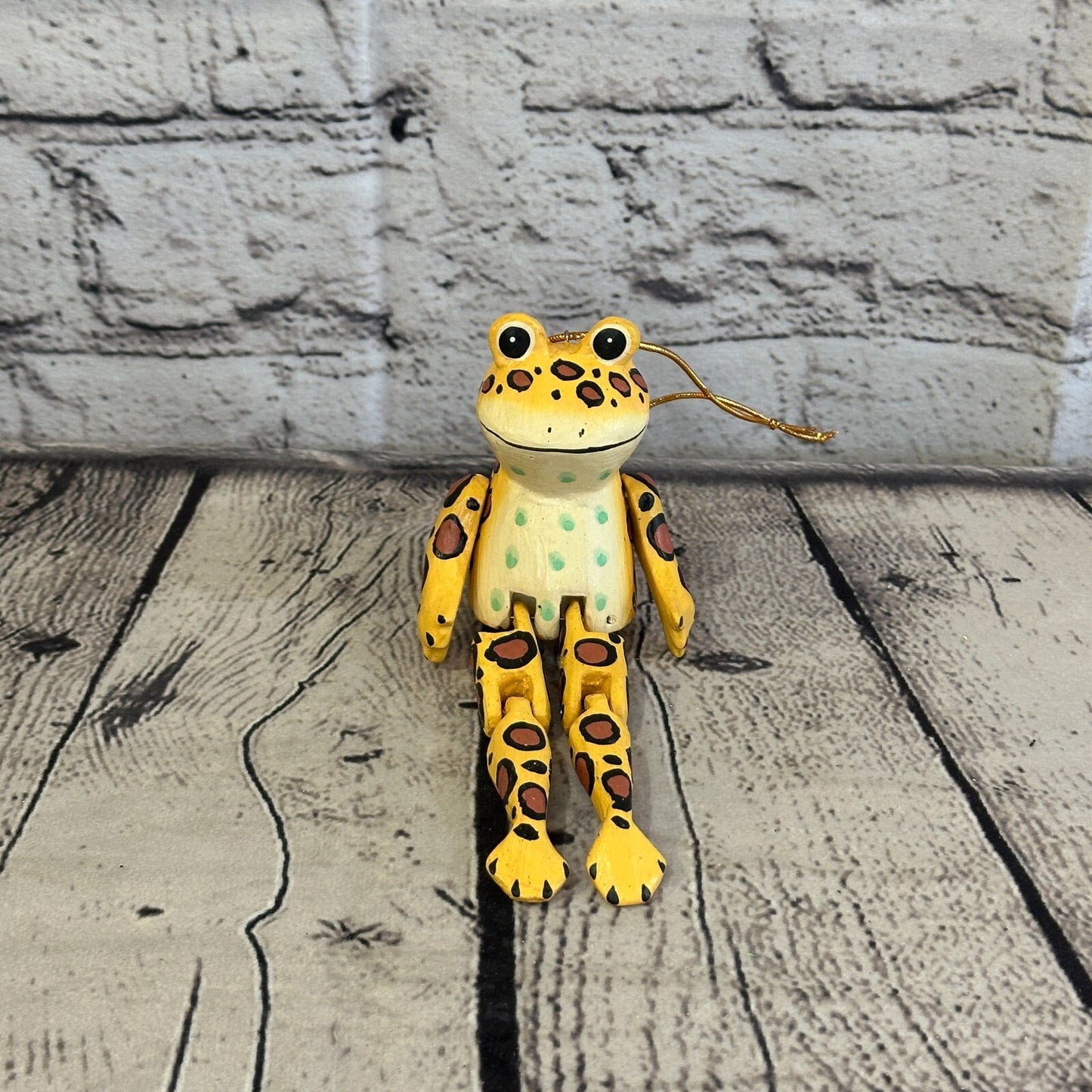 10cm Yellow Frog Sitting Animal, Wooden Shelf Ornament Handmade and Fairtrade