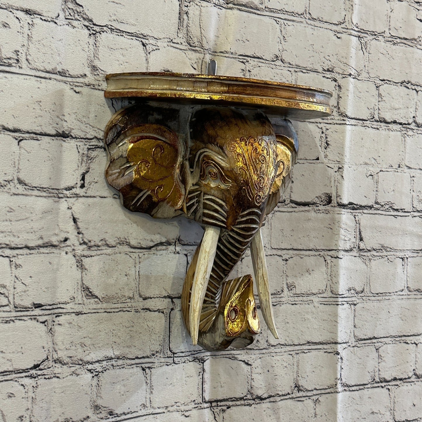 25cm x 25cm Brown Gold Shelf Wood Elephant Head Wall Mounted Art Large Shabby