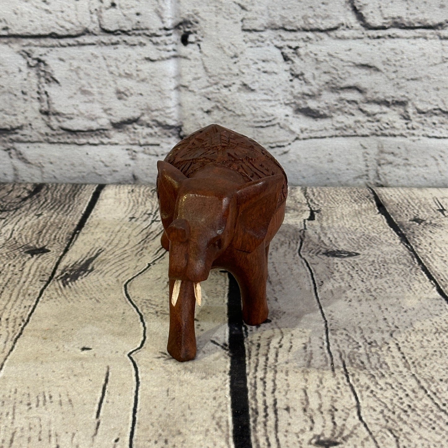 12cm x 8cm Carved Wooden Baby Elephant Wood Brown Sculpture Retro Handmade
