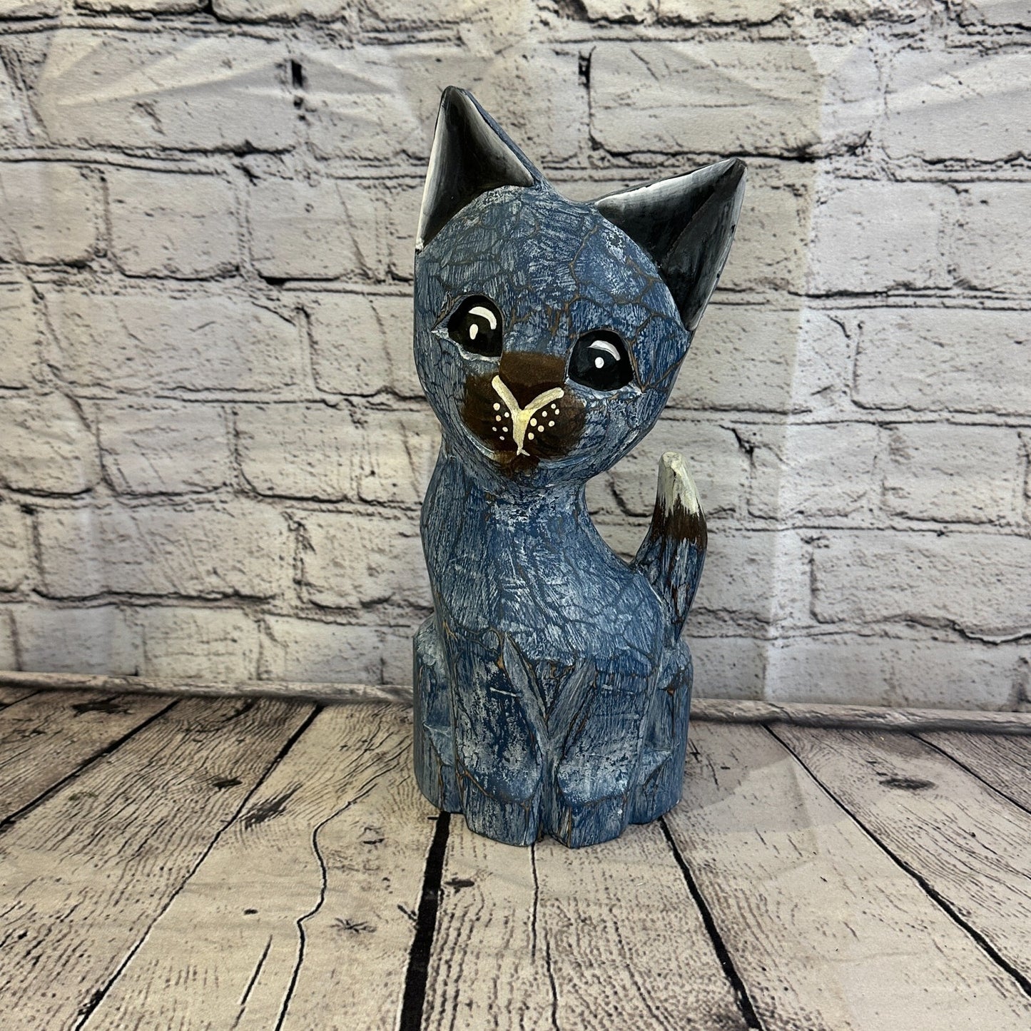 30cm x 12cm Blue Flower Wooden Shabby Cat Statue Ornament Fair Trade Handcarved
