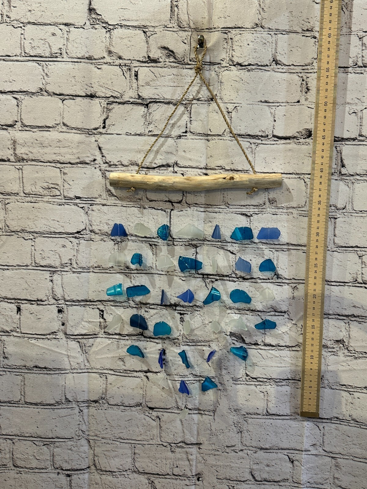 45cm x 25cm Blue Mix Wind Recycled Glass Driftwood Handmade Garden Home Mobile