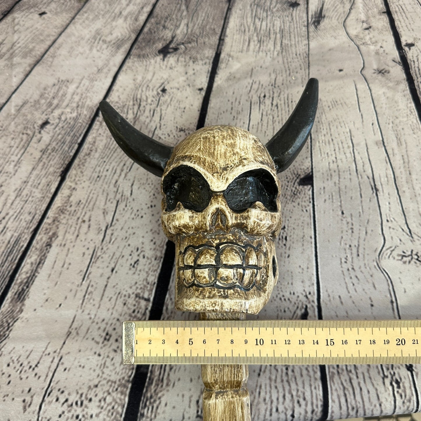 Skull Head With Horns 100cm Tribal Walking Stick Cane Hand Carved Light Wood